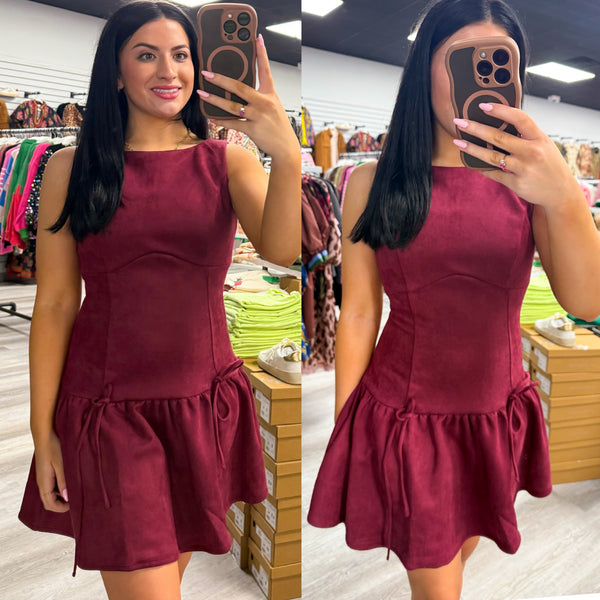Wine Suede Sleeveless Ruffle Drop Waist Dress with Bow