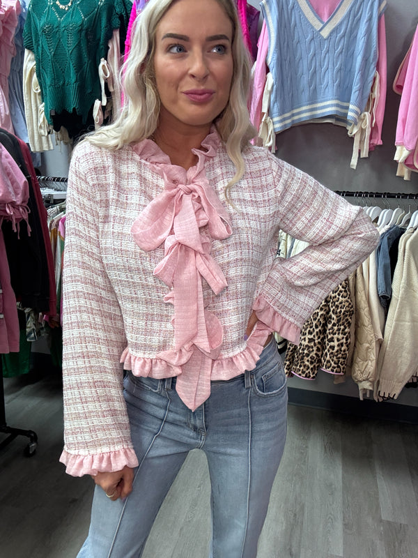 Tweed Ruffle Bow Tied Jacket Top