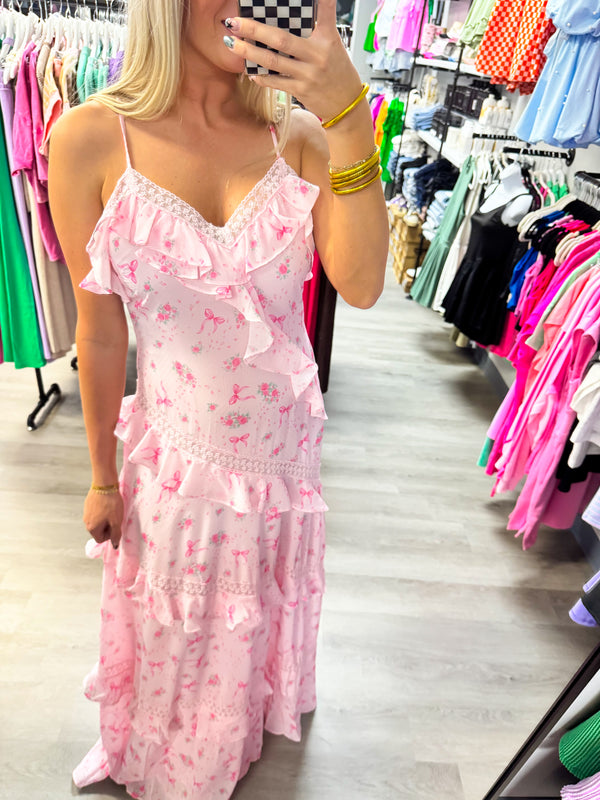 Pink Rose Bow Ruffle Maxi Dress