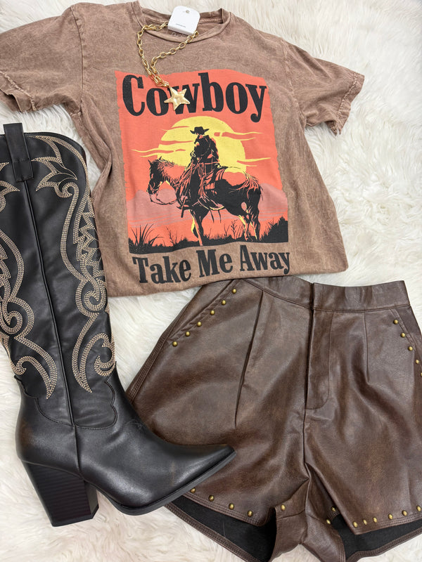 Faux Leather Shorts with Studs | Brown