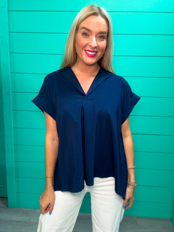 Let's Go There Navy Pleated Back Top