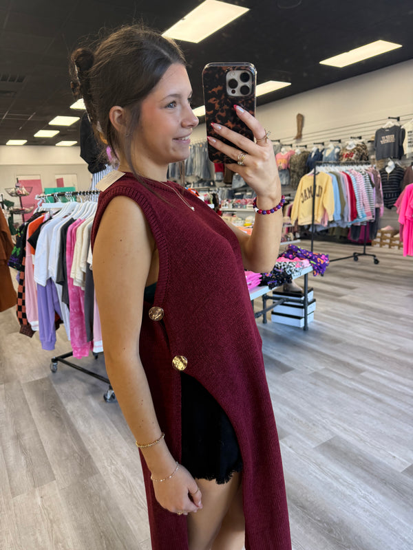 All My Attention Knit Sleeveless Slit Top Burgundy