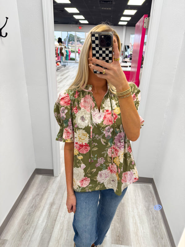 Fall Floral Whisper Top Green