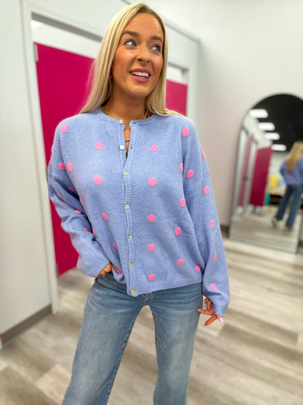Classic Charm Polka Dot Cardigan | Blue and Pink
