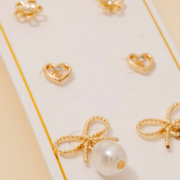 Pearl Charm Bow Heart And Flower Stud Earrings Set