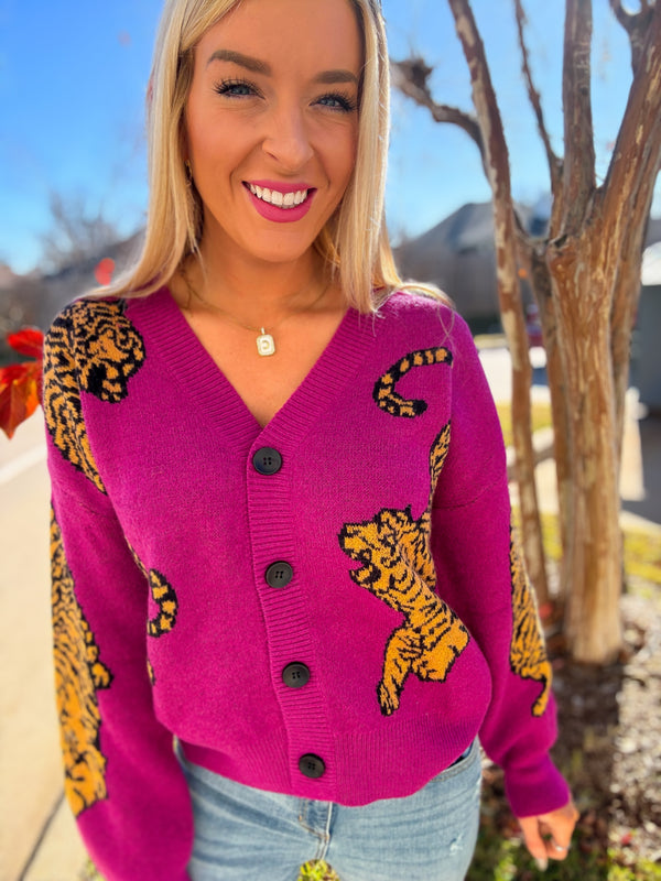Tiger Purple Cardigan Sweater