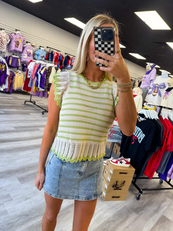 Lime Ruffle Detail Striped Knit Sweater Top
