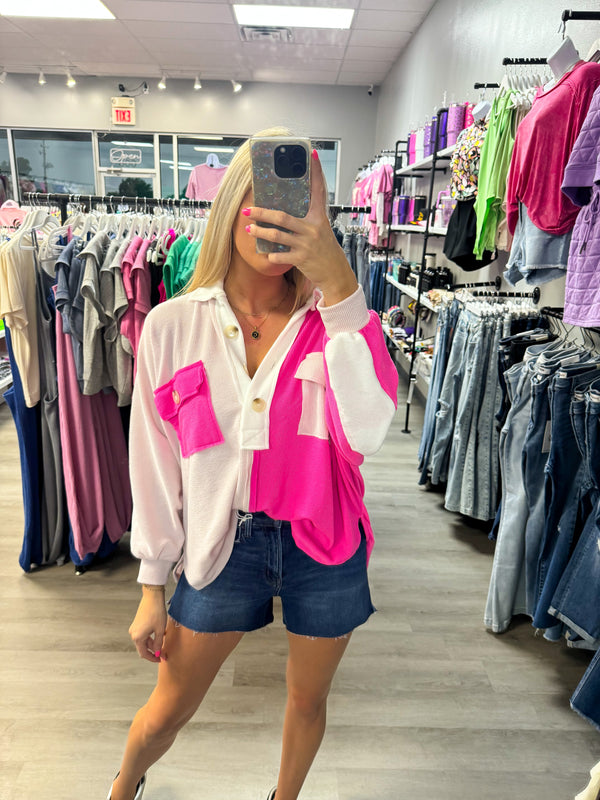 Caught The Attention Hot Pink Color Block Henley Top