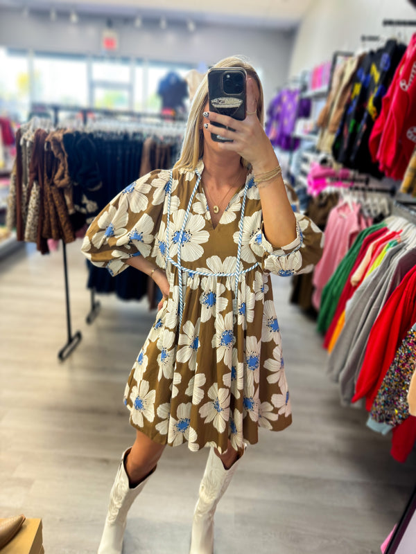 Blue and Brown Floral Dress