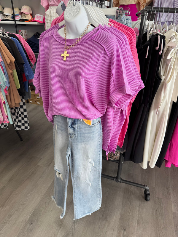 Corded Rib Short Cuff Sleeve Raw Edge Top