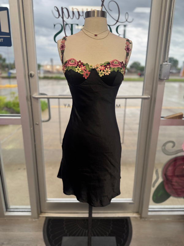 High Confidence Floral Trim Satin Dress