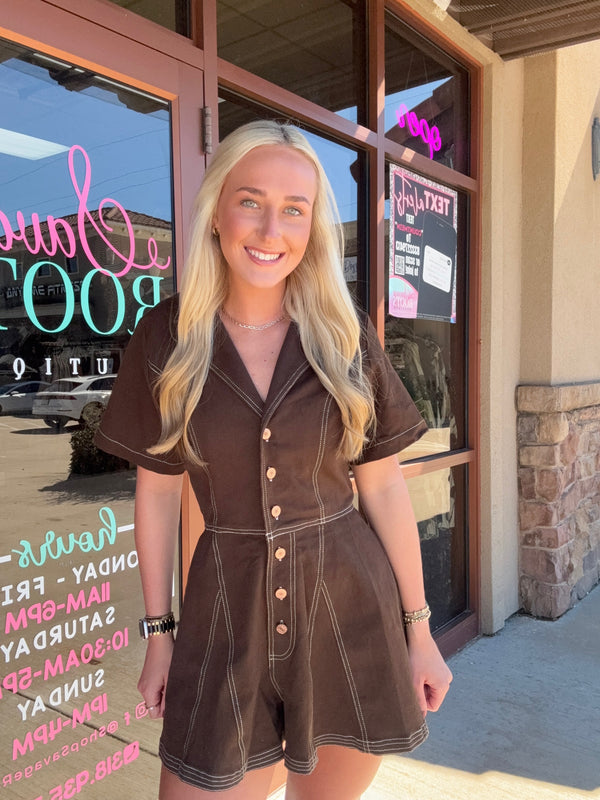 Howdy Babe Brown Denim Romper