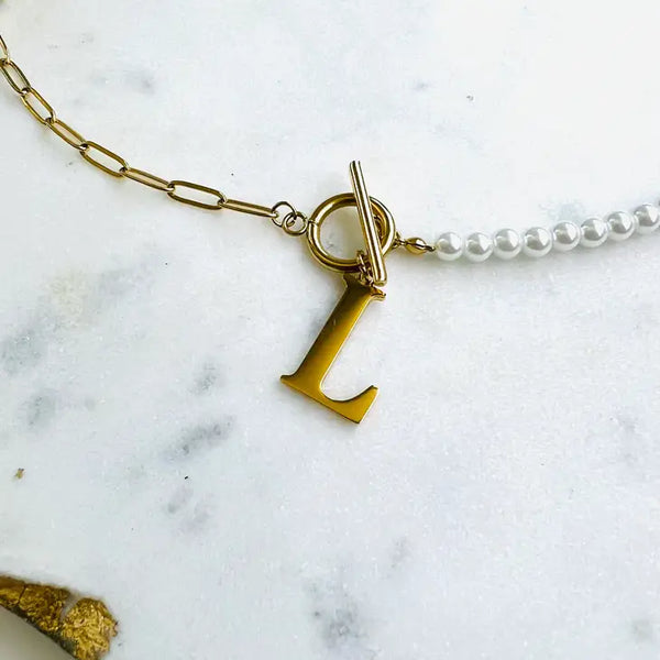 Half Pearl Half Paper Clip Chain Letter Necklace