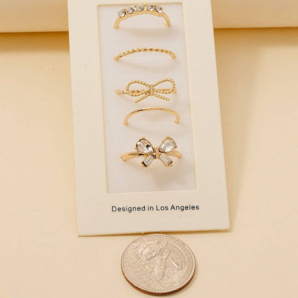 5Pc Dainty Rhinestone Bow Band Rings Set