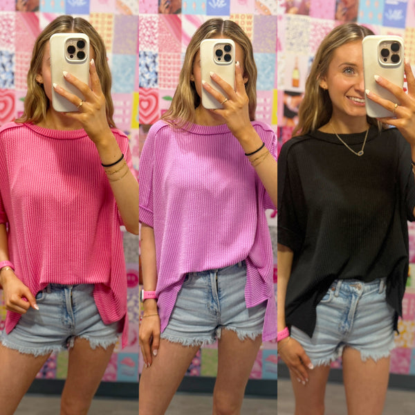 Corded Rib Short Cuff Sleeve Raw Edge Top