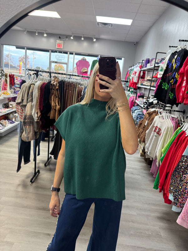 Ribbed knit Short Dolman Sleeves Top Dark Green