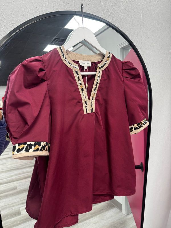 Burgundy And Leopard Trim Top