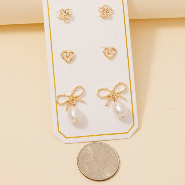 Pearl Charm Bow Heart And Flower Stud Earrings Set