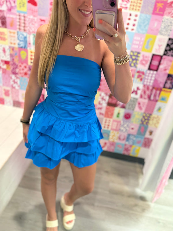Blue Strapless Ruched Tiered Ruffle Mini Dress