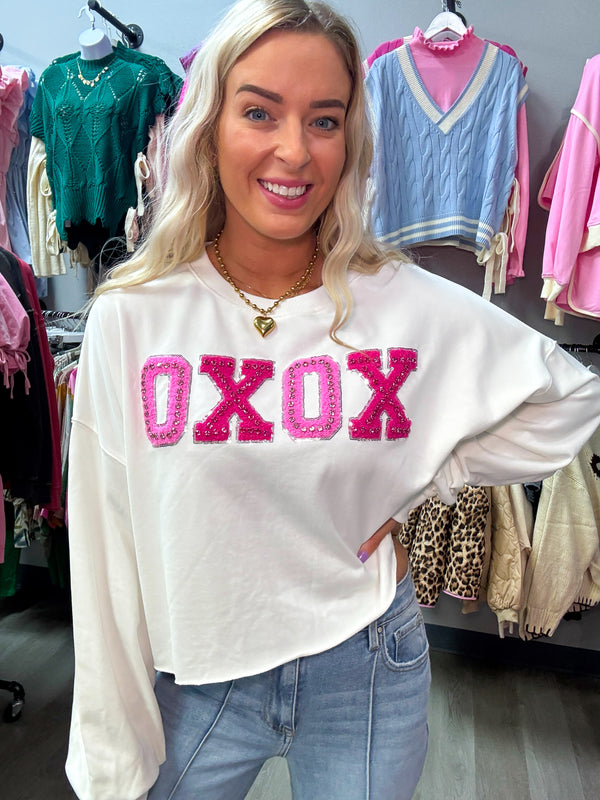 XOXO Rhinestone Patch Sweatshirt - White