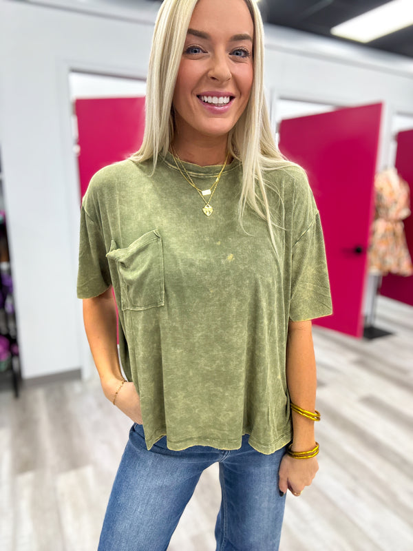 BLACK FRIDAY | Washed Ribbed Cuffed Short Sleeve Round Neck Top