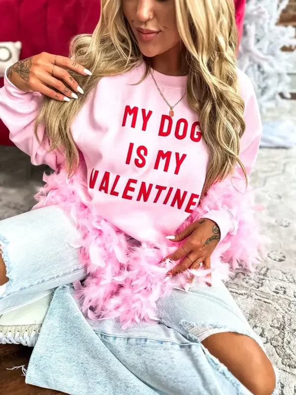 My Dog Is My Valentine Red Puff Graphic Pink Crewneck