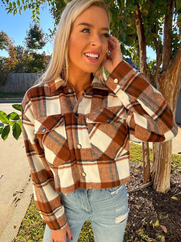 Plaid Cropped Shacket - Terracotta