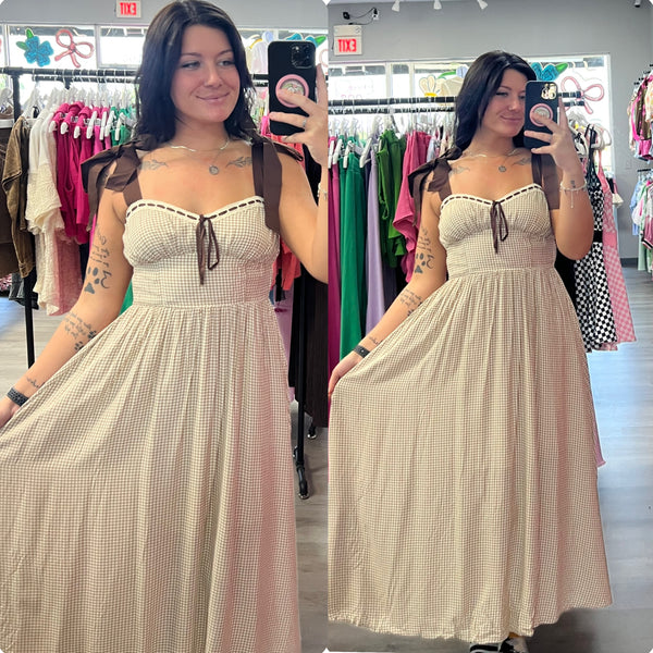 Girly in Gingham Brown Dress