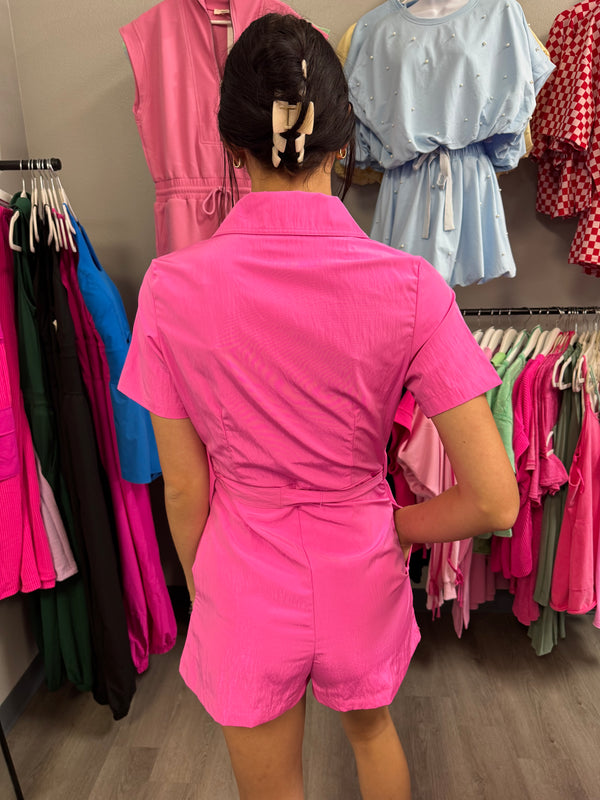 Pink Lapel Collar Short Sleeves Romper