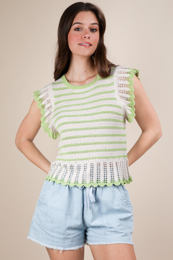 Lime Ruffle Detail Striped Knit Sweater Top