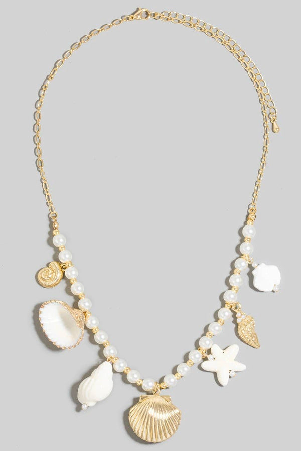 Pearl Beads And Sea Shell Charms Chain Necklace