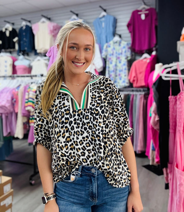 Keep Moving Leopard Ribbon Collar Top