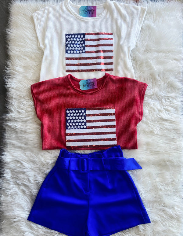 Ribbed American Flag Sequin Top