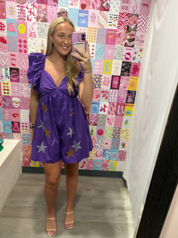 Purple and Gold Multi Color Star Rhinestone Romper