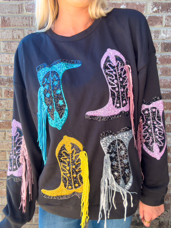 Cowgirl Era | Boot Sequin Fringe Fleece Top