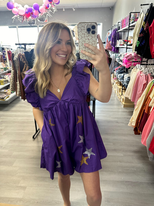 Purple and Gold Multi Color Star Rhinestone Romper