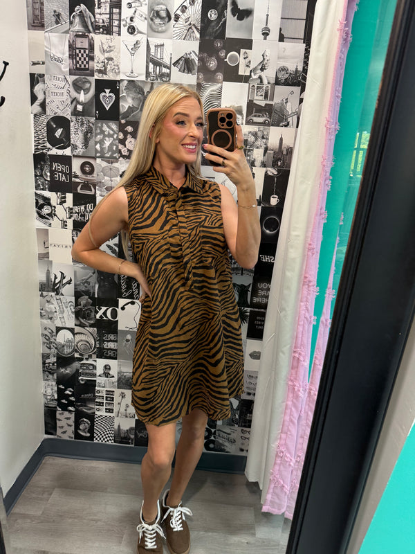 Tiger Print Button Down Shirt Dress With Pockets