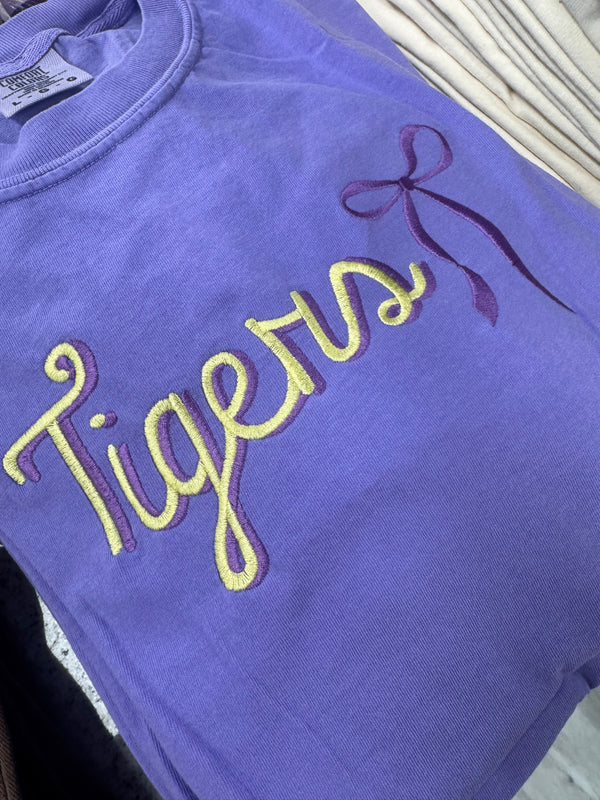 Tiger Embroidery Bow Tee Purple