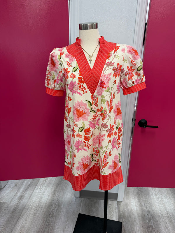 Coral Bloom Puff Sleeve Dress