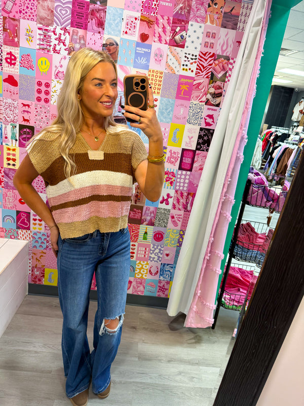 Mocha Autumn Hues Striped Cap Sleeve Sweater Top