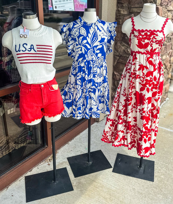 Floral Blue White Print Dress with Pockets