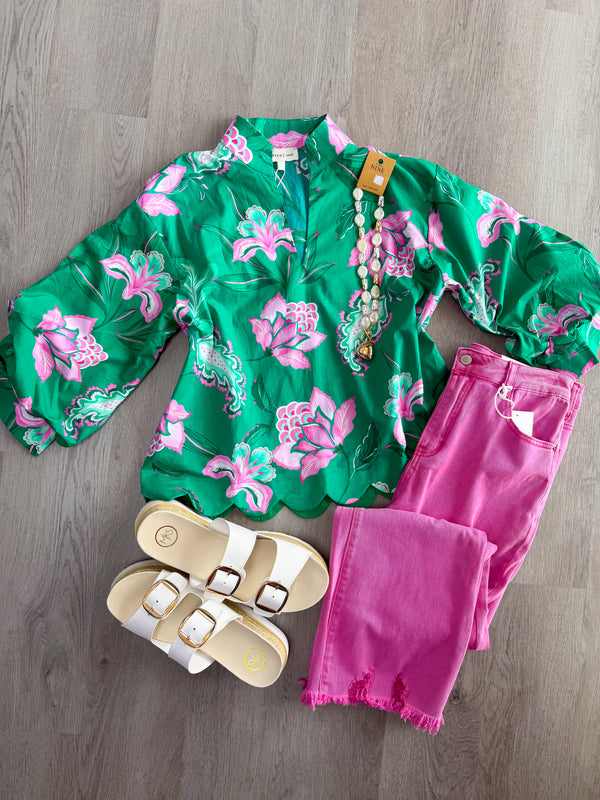 Emerald Bloom Scallop Blouse