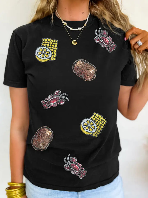Bayou Bites Sequin Crawfish Potato Lemon Corn Graphic Crewneck T Shirt