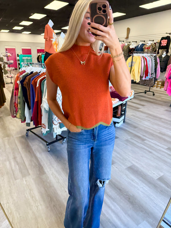 Pumpkin Scallop Contrast Trim Sweater