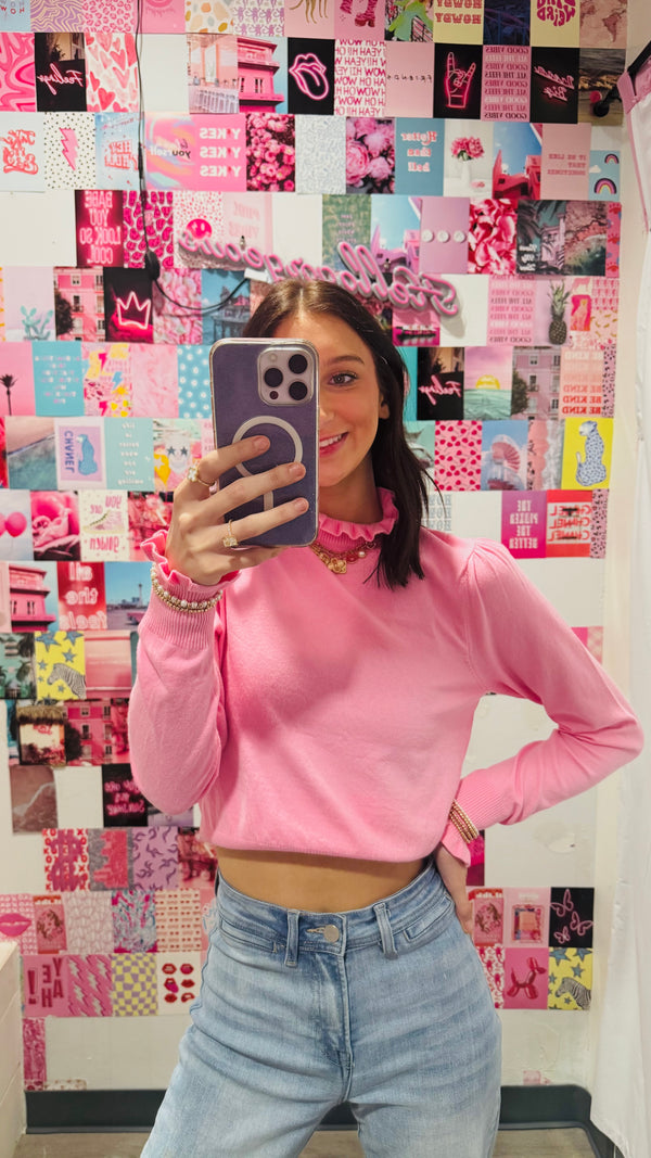 Frilled Top Be Here Long Sleeve Top - Baby Pink