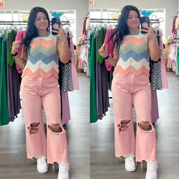 Pastel Neutral Mutli Color Waive Pointelle Sweater Tank