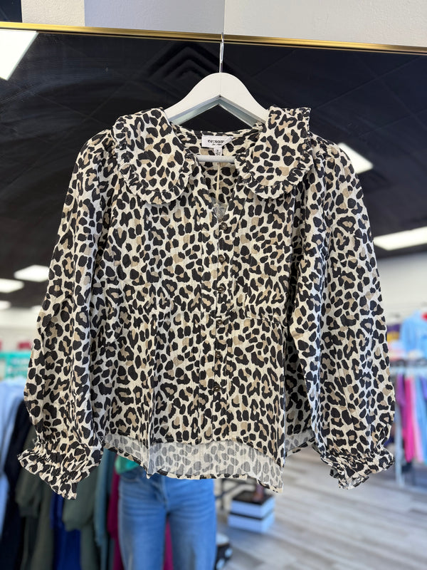 Collar Leopard Longsleeve Top