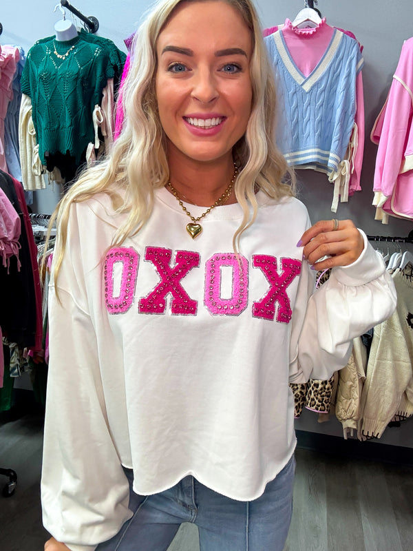 XOXO Rhinestone Patch Sweatshirt - White