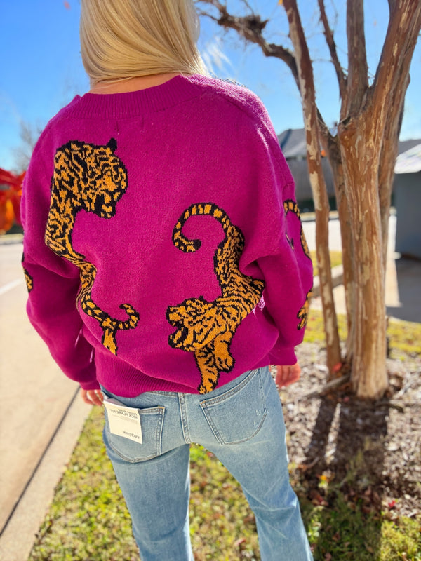 Tiger Purple Cardigan Sweater