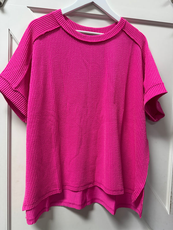 Corded Rib Short Cuff Sleeve Raw Edge Top